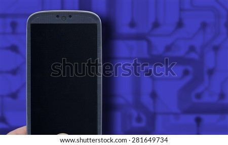 Smatrphone and blue technology background. Idea for telecommunication, digital detox, taking shots, accessing apps, Internet, blogs and others.