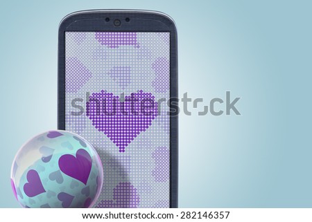 Blue smartphone and hear shapes. Idea for Valentines Day messages, love, lovers, love apps, Internet, blogs and others.