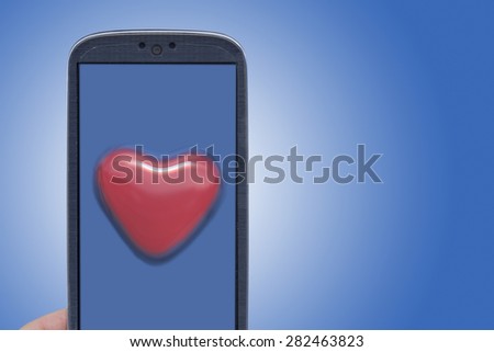 Blue smartphone and blister heart shape. Idea for Valentines Day messages, love, lovers, love apps, Internet, blogs and others.