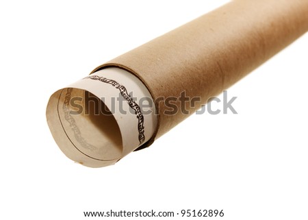 Document into a cardboard tube isolated on white background