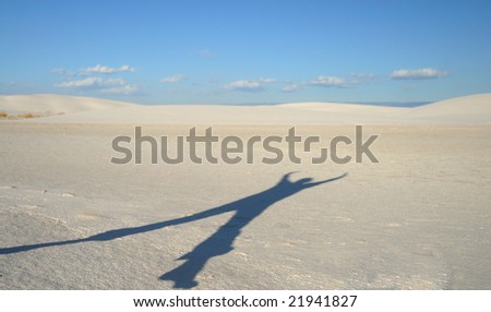 A shadow of a young woman jumping in the air on a white sand dune.