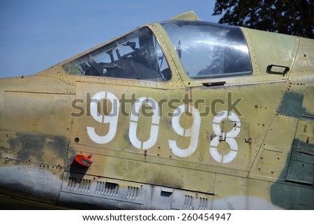 PRAGUE, CZECH REPUBLIC - AUGUST 18: Old military plane stands in\
Prague Aviation Museum Kbely on August 18, 2012 in Prague, Czech republic.