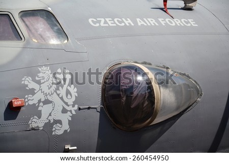 PRAGUE, CZECH REPUBLIC - AUGUST 18: Old military plane stands in\
Prague Aviation Museum Kbely on August 18, 2012 in Prague, Czech republic.