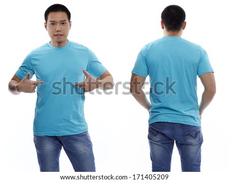Light blue t-shirt on a young man isolated front and back-Studio Shot