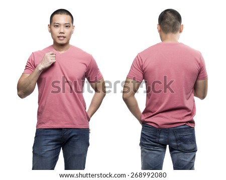 Pink t-shirt on a young man isolated front and back-Studio Shot