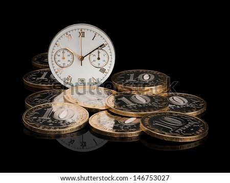 Clockwork and the Russian currency on a black background
