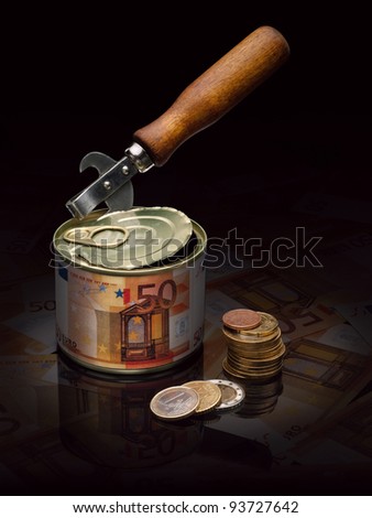 Can-opener and tin-box with the European money.