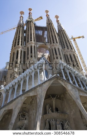 BARCELONA, SPAIN - AUGUST 16, 2015 - Exterior of Sagrada Familia in Barcelona. An unfinished masterpiece designed by late architect Antoni Gaudi