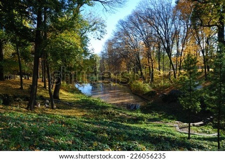 Autumn landscape with trees, fallen leaf and a river