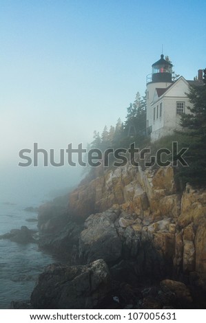 Bass Harbor Lighthouse in morning fog