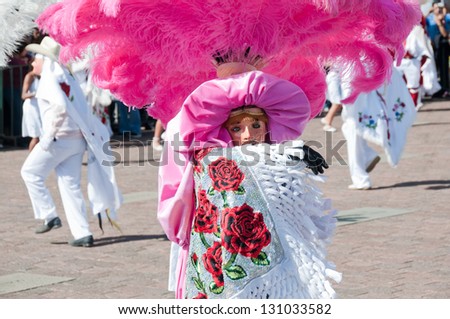 TLAXCALA, MEXICO - FEB 21:  Unidentified Mexican Dancer performs, in traditional costume, folk dance on Tlaxcala Carnival, February 21, 2012 in Tlaxcala, Mexico