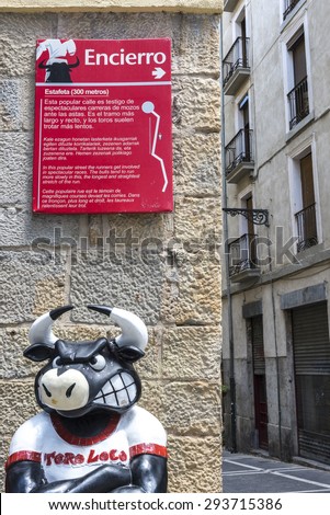 PAMPLONA, SPAIN - JUNE 18: Tourist sign in Estafeta street about Pamplona Bull Run, on June 18, 2015 in Pamplona, Spain