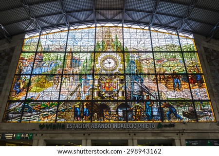 BILBAO, SPAIN - APRIL 9: Stained glass window in Abando train station on April 9, 2015 in Bilbao, Basque Country, Spain