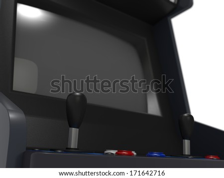Three quarter close shot of coin operated arcade machine and controls