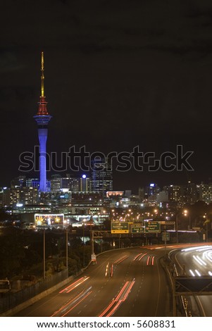 Auckland Sky Tower at Night with Vehicle Lights