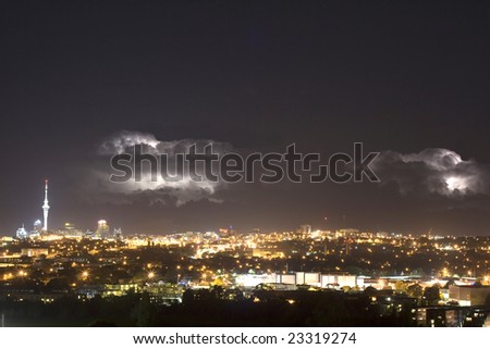 Lightening over Auckland City New Zealand - viewed from the west.