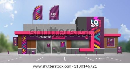 Purple store design with color geometric shapes. Elements of outdoor advertising. Corporate identity