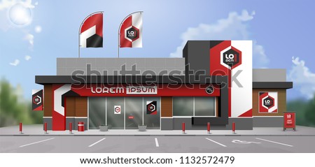 Classic store design with color geometric shapes. Elements of outdoor advertising. Corporate identity