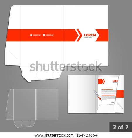 Folder template design for company with red arrows. Element of stationery.