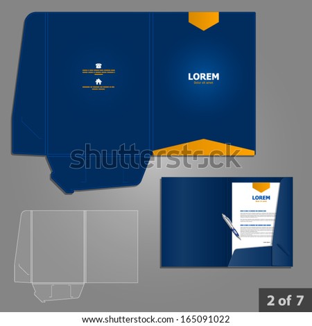 Blue folder template design for company with orange arrow. Element of stationery.