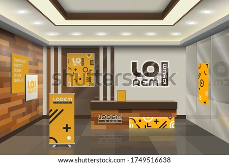 Orange Creative office design with geometric pattern. Elements of interior advertising. Corporate identity