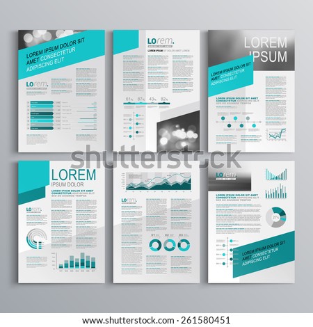 Gray brochure template design with green diagonal shapes. Cover layout and infographics