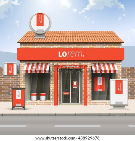 Red store design with white vertical shape. Elements of outdoor advertising. Corporate identity