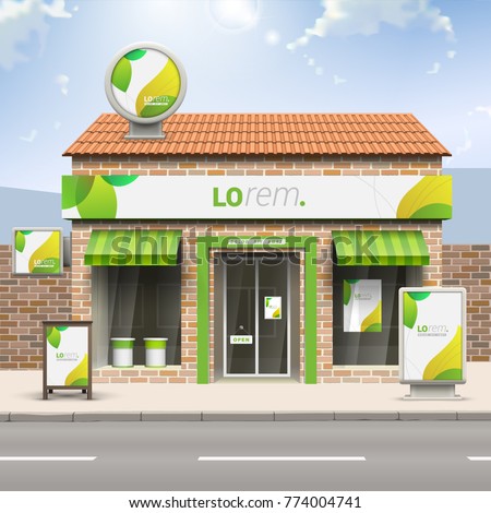 Floral store design with green leaves. Elements of outdoor advertising. Corporate identity