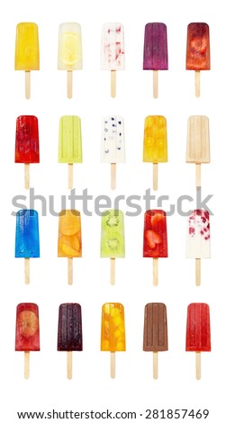 Collection of 20 Different Flavors of Colorful Popsicles or Ice Lollies on White Background