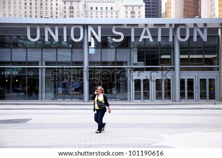 TORONTO - MAY 20: The Union Station entrance on May 20, 2011 in Toronto. Serving 200,000 passengers a day, it is the busiest passenger transportation facility in Canada.