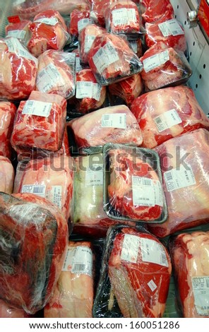 TORONTO - OCTOBER 13: Packaged beef in a supermarket on October 13, 2013 in Toronto. Beef is the third most widely consumed meat in the world, accounting for about 25% of meat production worldwide.