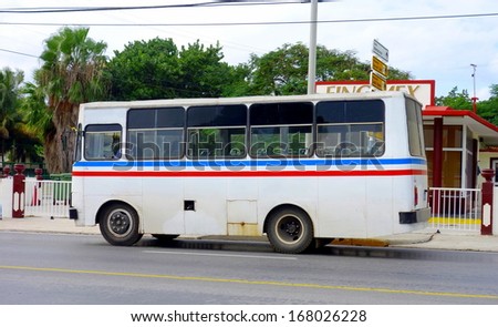 VARADERO, CUBA - NOVEMBER 28: A public bus on November 28, 2013 in Varadero, Cuba. Trade agreements between Castro and investors resulted in the import of foreign buses into Cuba.