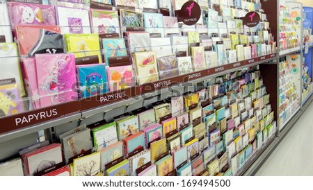 TORONTO - DECEMBER 14: Greeting cards in a store on December 14, 2013 in Toronto. Hallmark Cards and American Greetings are the largest producers of greeting cards in the world.