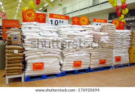 TORONTO, CANADA - JANUARY 31, 2014: Large rice bags in a supermarket in Toronto, Canada.