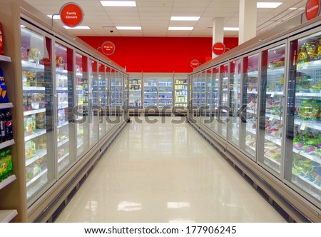 TORONTO, CANADA - FEBRUARY 11, 2014: The frozen food aisle in a supermarket in Toronto, Canada.