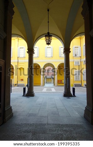 MILAN, ITALY - APRIL 22, 2014: The main atrium of the faculty of Political Sciences at the University of Milan in Milan, Italy.