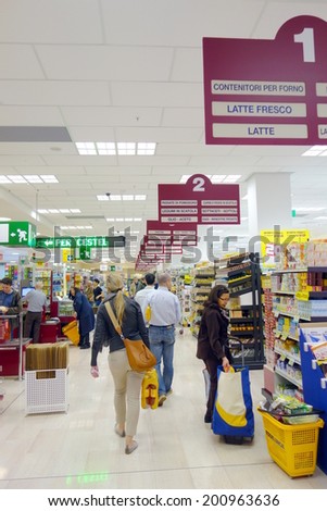 MILAN, ITALY - APRIL 26, 2014: An indoor view of an Esselung supermarket store in Milan, Italy.