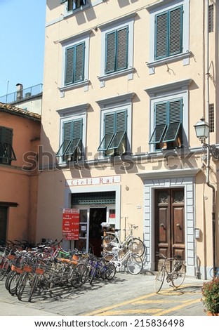 LUCCA, ITALY - APRIL 24, 2014: A bicycle shop in a street in the center of the city of Lucca, Italy.