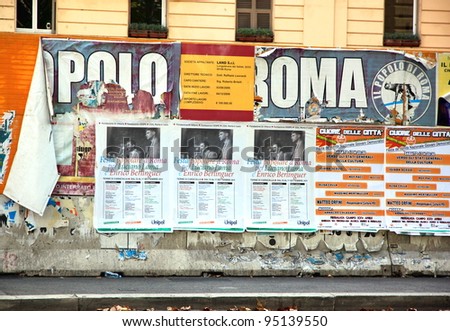 ROME - SEPTEMBER 18: Political billboards on September 18, 2011 in Rome. In Italy political parties are constantly engaging billboard battles over the available spaces.