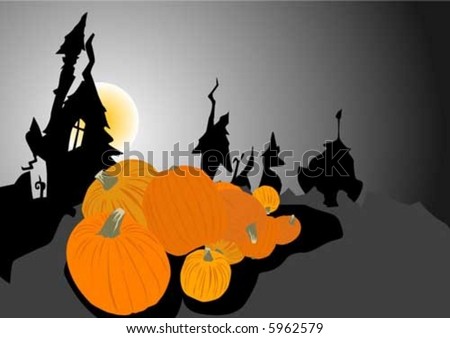 Vector. Halloween theme with dark house full moon and pumpkins