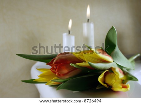 Tulips in red and yellow with candles behind, for wedding or funeral