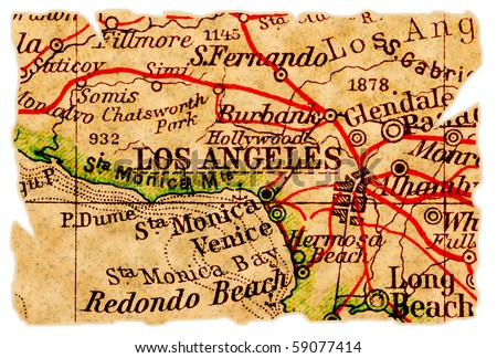 Los Angeles on an old torn map, isolated. Part of the old map series.