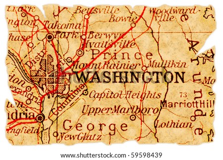 Washington D.C. on an old torn map from 1949, isolated. Part of the old map series.