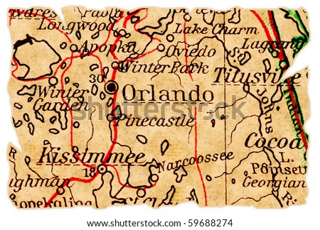 Orlando, Florida on an old torn map from 1949, isolated. Part of the old map series.
