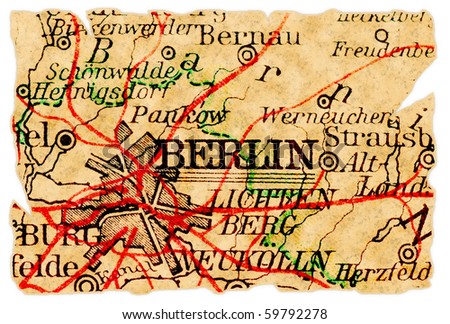 Berlin, Germany on an old torn map from 1949, isolated. Part of the old map series.
