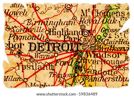 Detroit, Michigan on an old torn map from 1949, isolated. Part of the old map series.