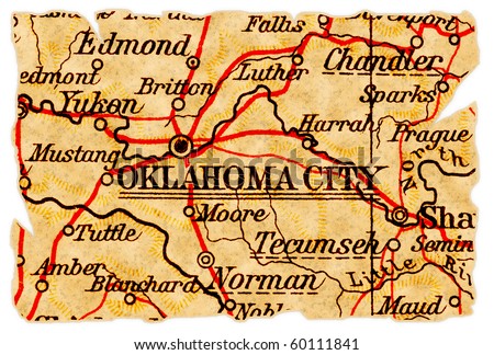 Oklahoma City, Oklahoma on an old torn map from 1949, isolated. Part of the old map series.