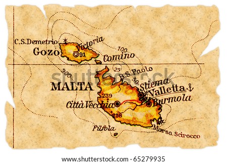 Malta on an old torn map from 1949, isolated. Part of the old map series.