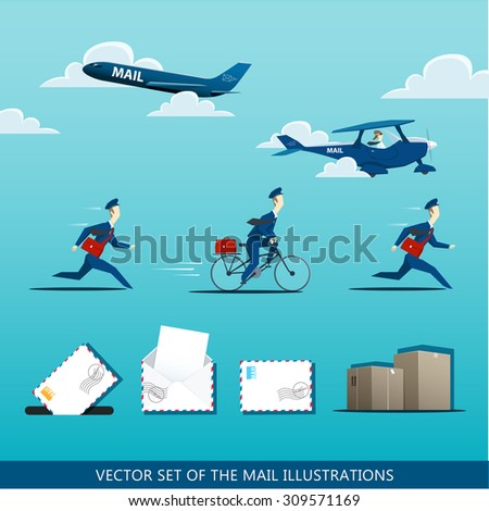 Vector set of the mail illustrations with postman, air mail plane, envelops, letter and package