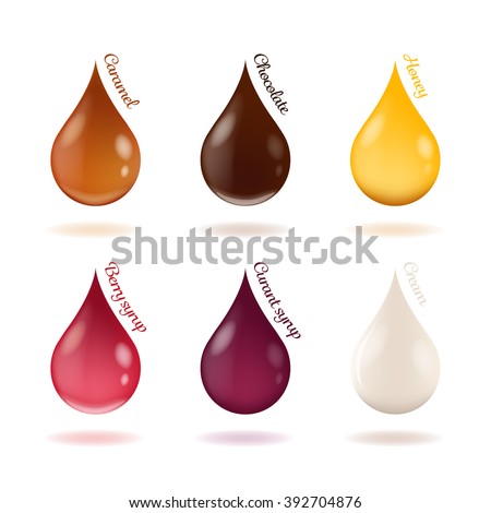 Vector illustration of drops of liquid sweet confectionery syrups, honey, chocolate, caramel and cream